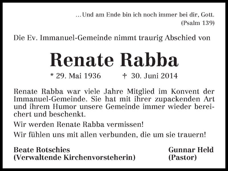  Traueranzeige für Renate Rabba vom 05.07.2014 aus WESER-KURIER