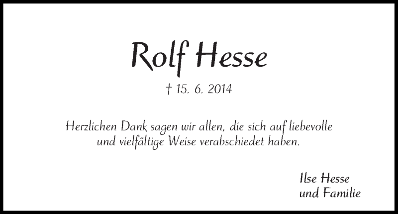 Traueranzeige von Rolf Hesse von WESER-KURIER