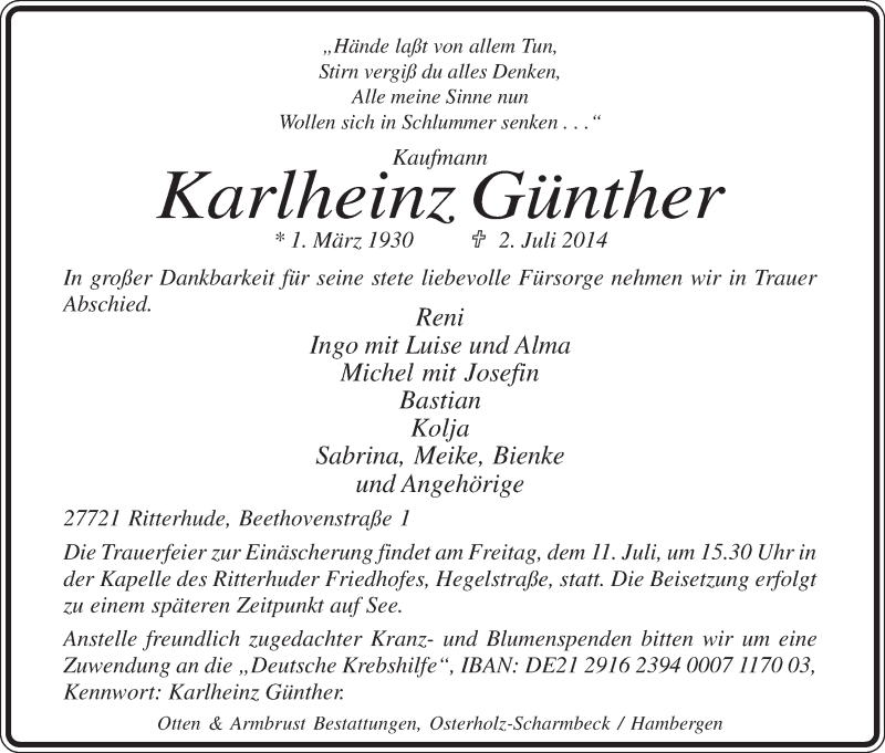 Traueranzeige von Karlheinz Günther von Osterholzer Kreisblatt