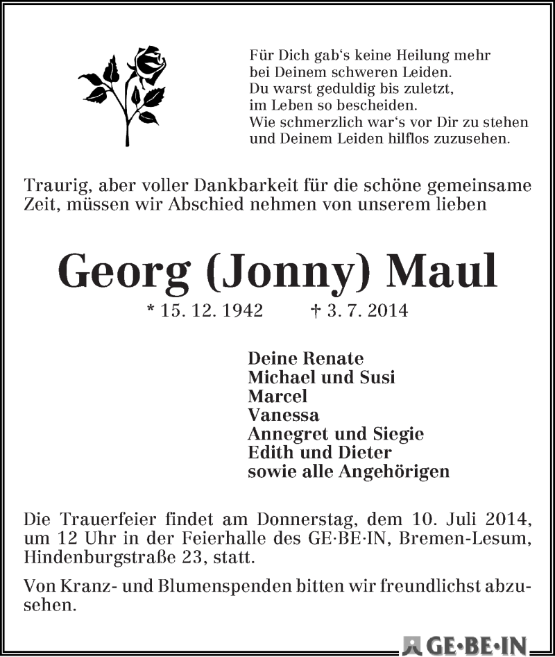 Traueranzeige von Georg (Jonny) Maul von WESER-KURIER