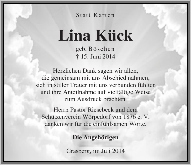 Traueranzeige von Lina Kück von Wuemme Zeitung
