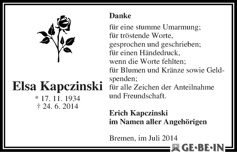 Traueranzeige von Elsa Kapczinski von WESER-KURIER