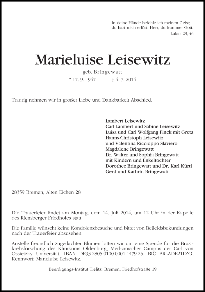 Traueranzeige von Marieluise Leisewitz von WESER-KURIER