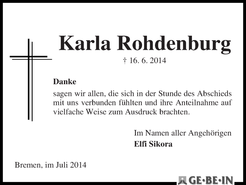 Traueranzeige von Karla Rohdenburg von WESER-KURIER