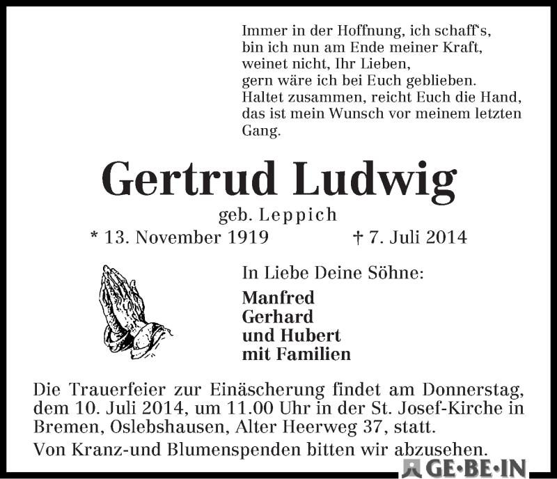 Traueranzeige von Gertrud Ludwig von WESER-KURIER