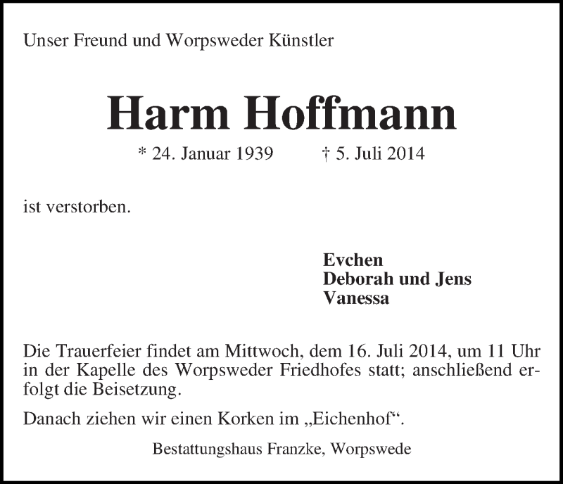  Traueranzeige für Harm Hoffmann vom 09.07.2014 aus Wuemme Zeitung