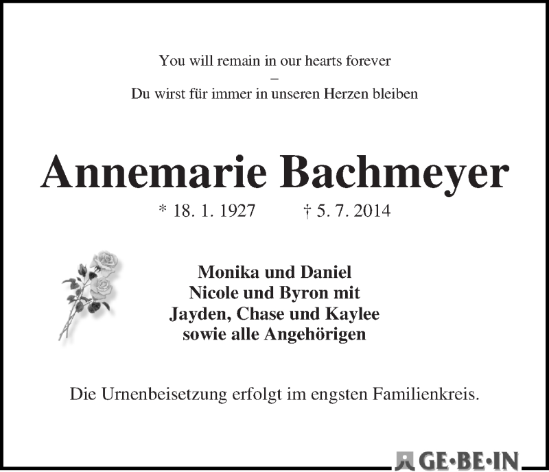  Traueranzeige für Annemarie Bachmeyer vom 09.07.2014 aus WESER-KURIER