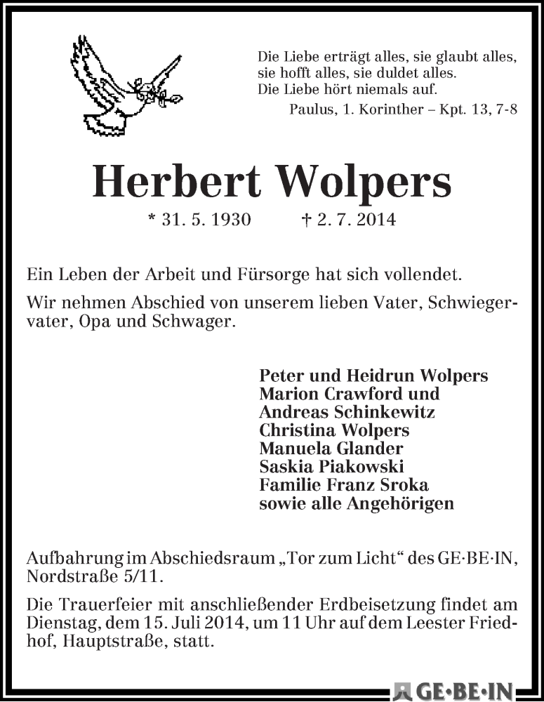 Traueranzeige von Herbert Wolpers von WESER-KURIER