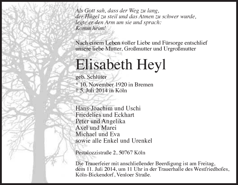  Traueranzeige für Elisabeth Heyl vom 09.07.2014 aus WESER-KURIER