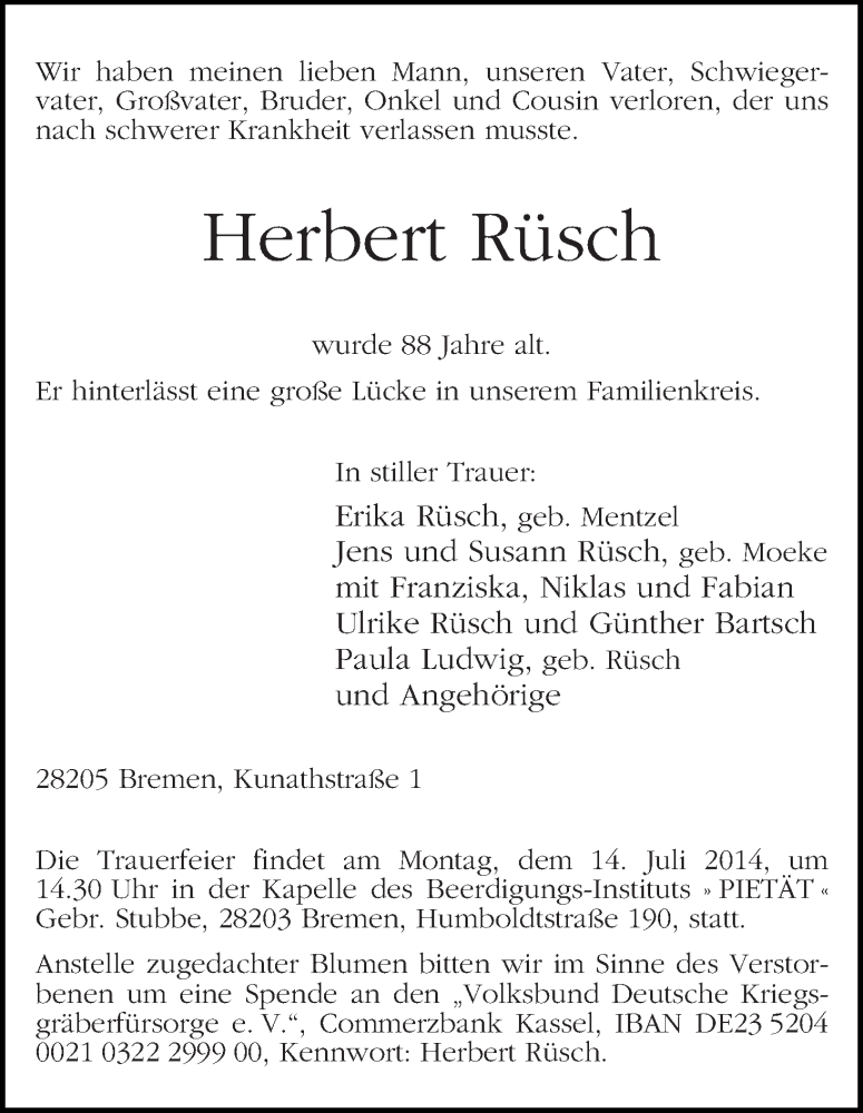  Traueranzeige für Herbert Rüsch vom 09.07.2014 aus WESER-KURIER