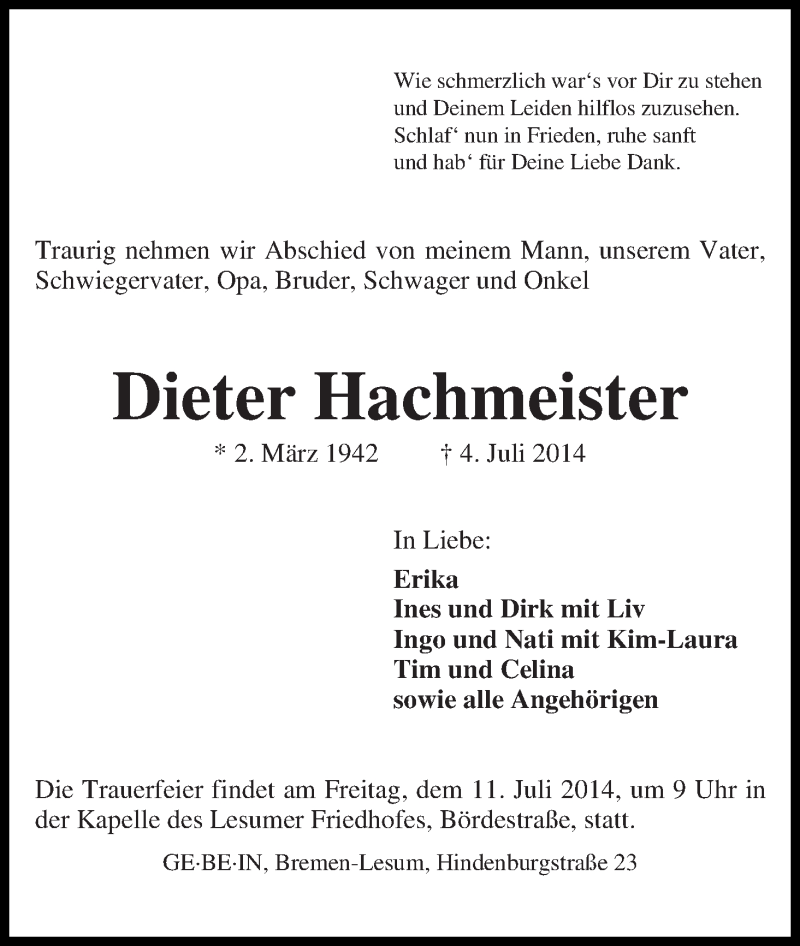 Traueranzeige von Dieter Hachmeister von Die Norddeutsche