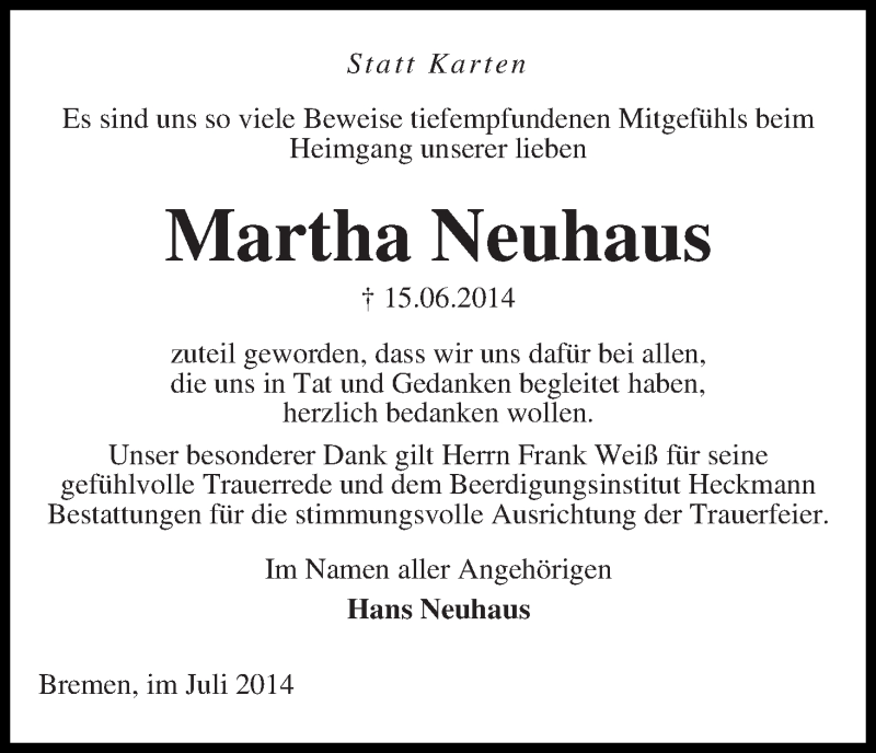 Traueranzeige von Martha Neuhaus von Die Norddeutsche