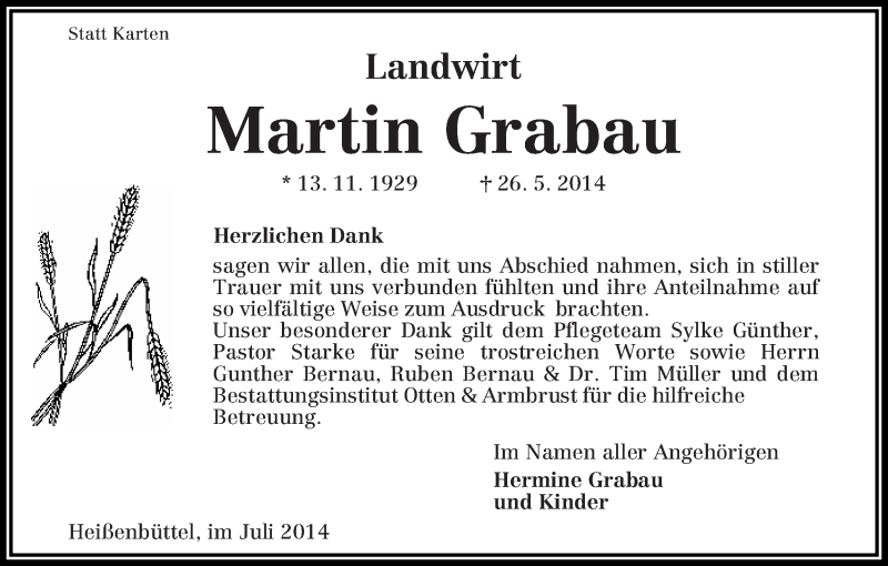 Traueranzeige von Martin Grabau von Osterholzer Kreisblatt