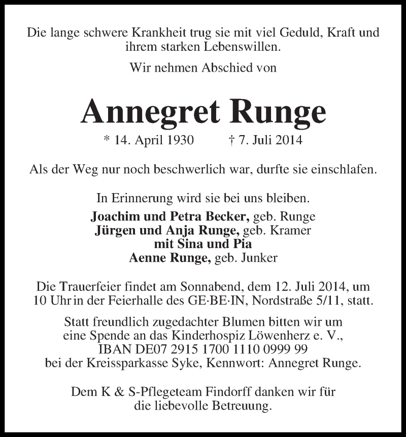 Traueranzeige von Annegret Runge von WESER-KURIER