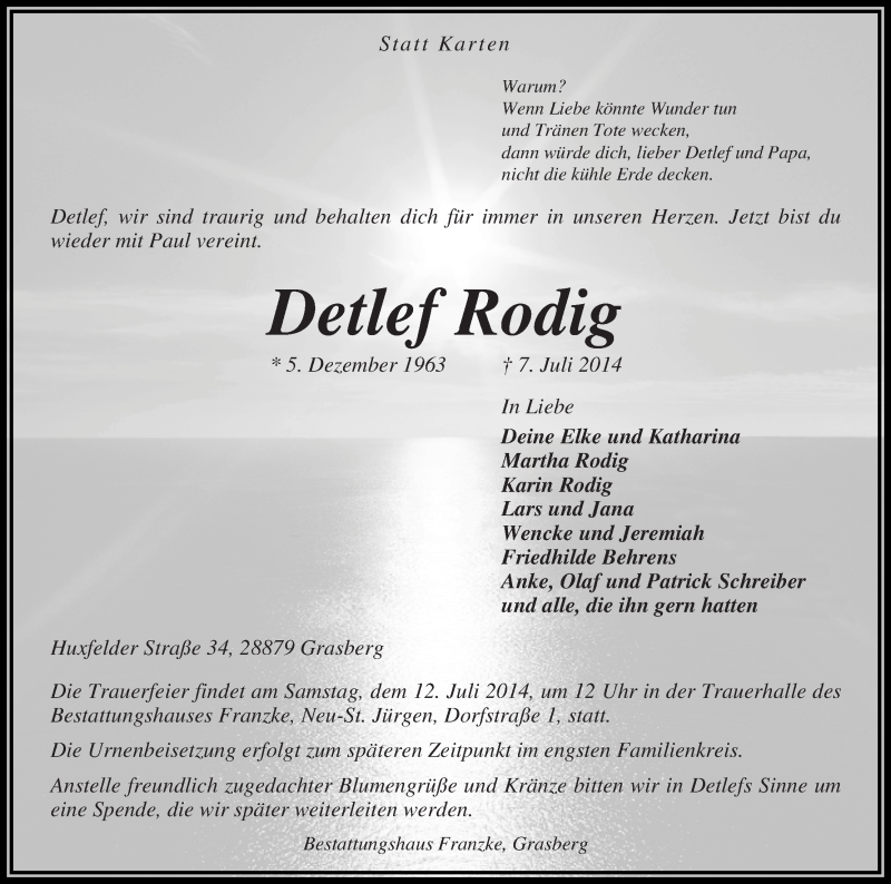  Traueranzeige für Detlef Rodig vom 09.07.2014 aus Wuemme Zeitung