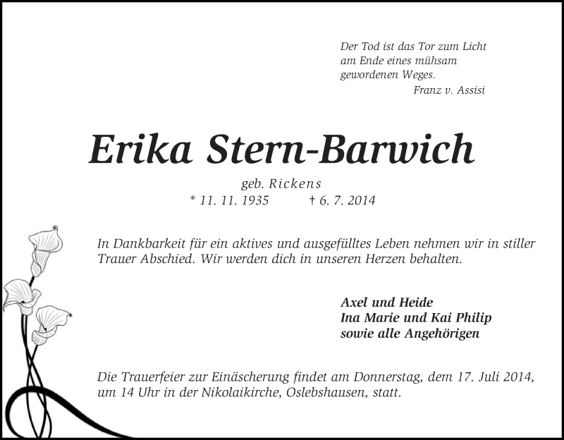 Traueranzeige von Erika Stern-Barwich von WESER-KURIER