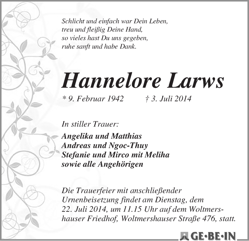 Traueranzeige von Hannelore Larws von WESER-KURIER