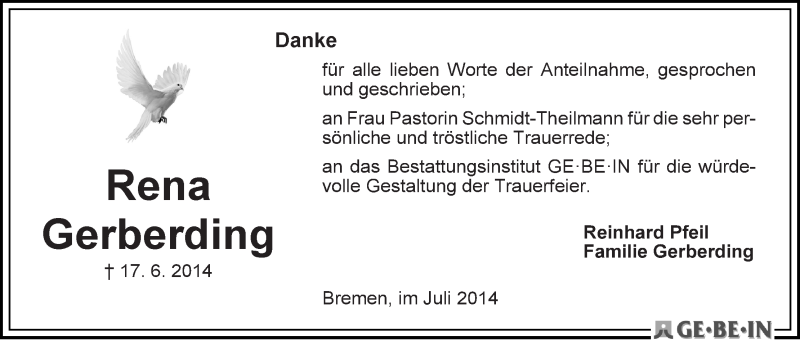 Traueranzeige von Rena Gerberding von Die Norddeutsche