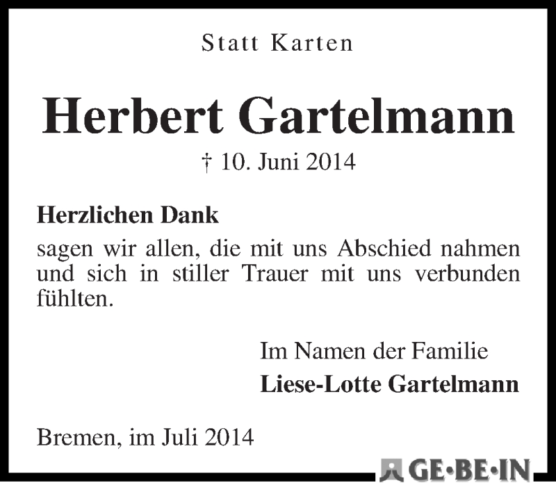 Traueranzeige von Herbert Gartelmann von WESER-KURIER