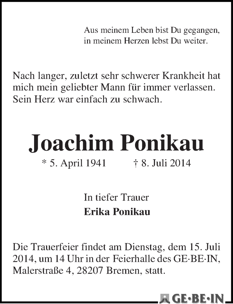 Traueranzeige von Joachim Ponikau von WESER-KURIER