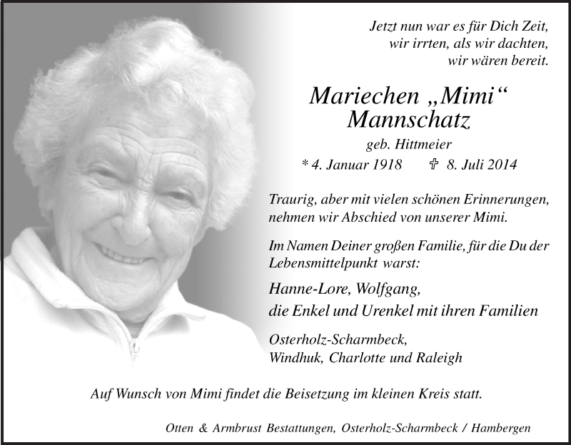 Traueranzeige von Mariechen Mannschatz von Osterholzer Kreisblatt