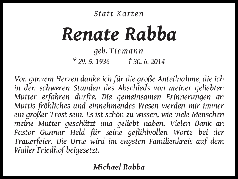  Traueranzeige für Renate Rabba vom 12.07.2014 aus WESER-KURIER
