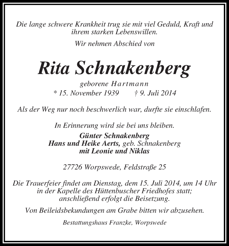 Traueranzeige von Rita Schnakenberg von Osterholzer Kreisblatt