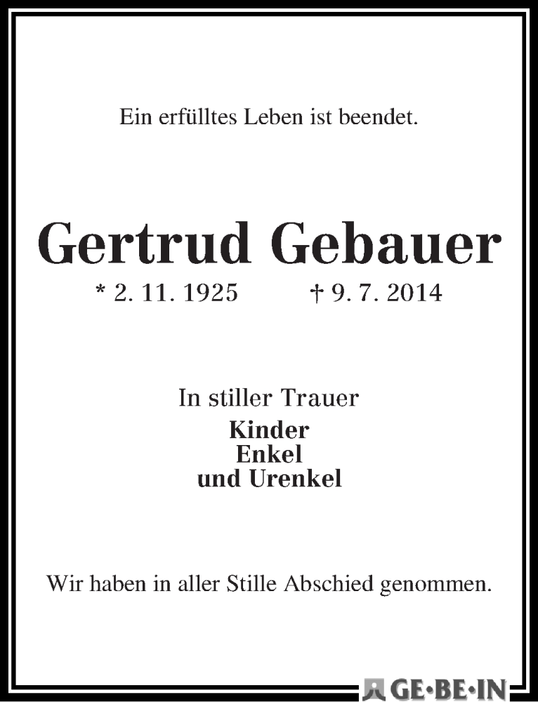 Traueranzeige von Gertrud Gebauer von WESER-KURIER