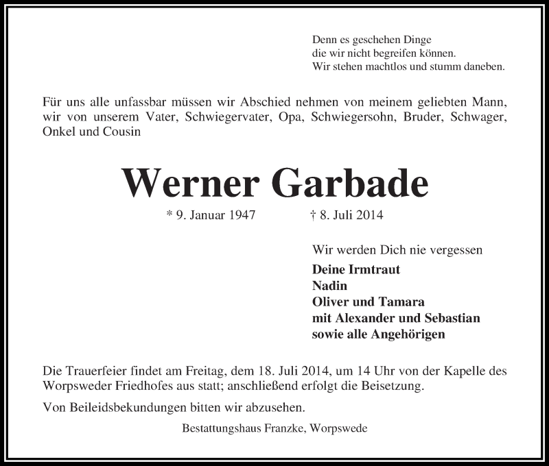 Traueranzeige von Werner Garbade von Wuemme Zeitung