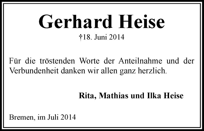 Traueranzeige von Gerhard Heise von WESER-KURIER