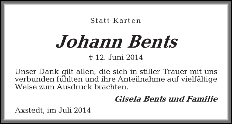 Traueranzeige von Johann Bents von Osterholzer Kreisblatt