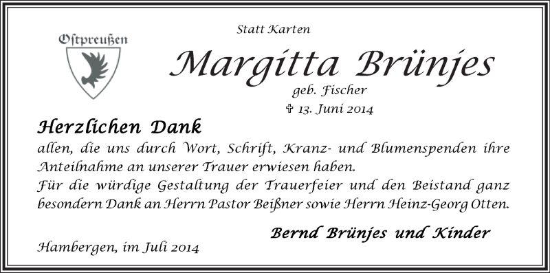 Traueranzeige von Margitta Brünjes von Osterholzer Kreisblatt