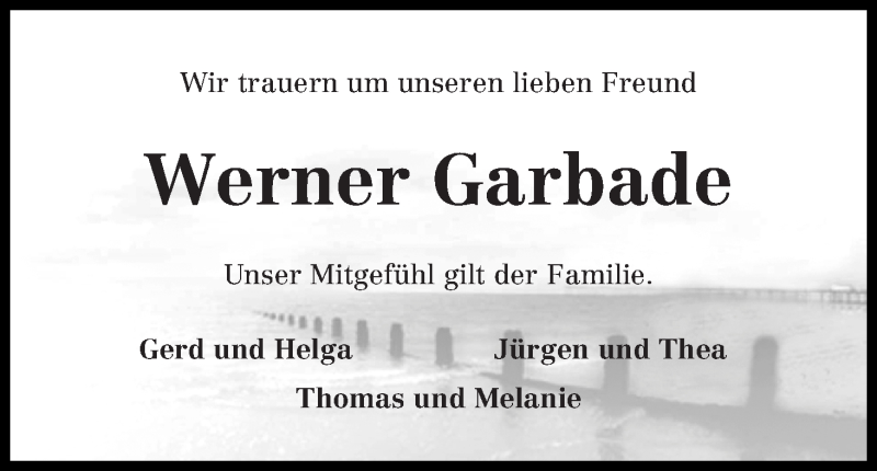 Traueranzeige von Werner Garbade von Wuemme Zeitung