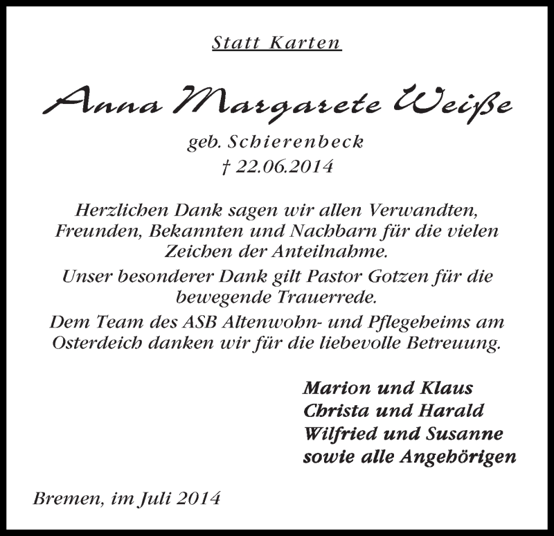 Traueranzeige von Anna Margarete Weiße von WESER-KURIER