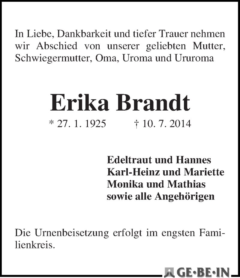 Traueranzeige von Erika Brandt von WESER-KURIER