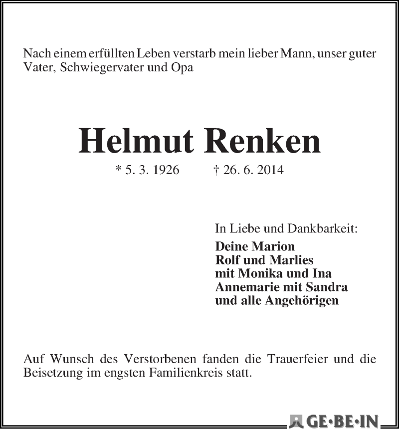 Traueranzeige von Helmut Renken von Die Norddeutsche