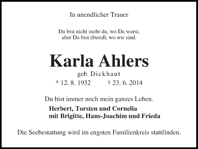  Traueranzeige für Karla Ahlers vom 15.07.2014 aus WESER-KURIER