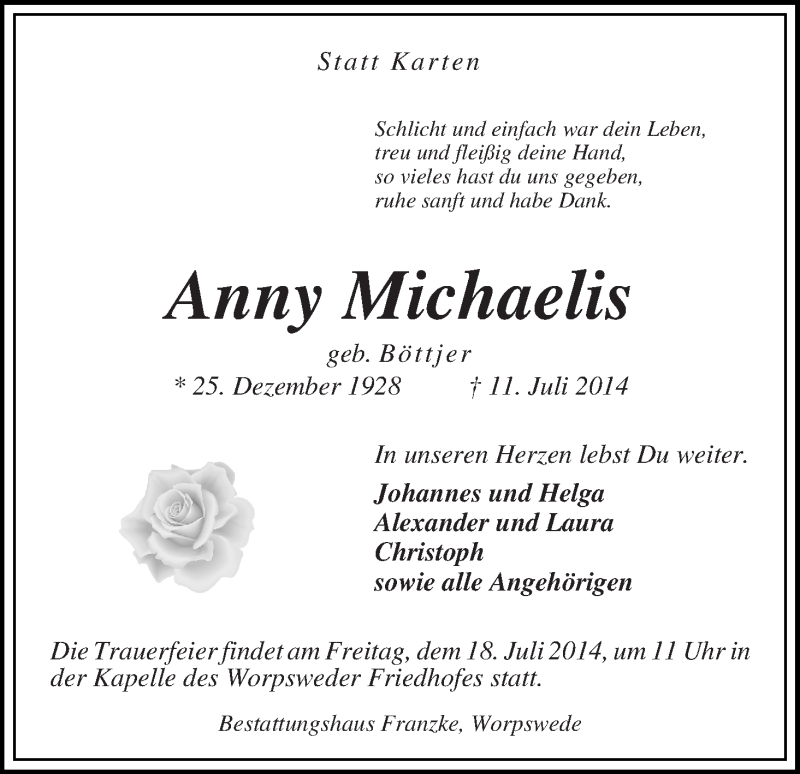 Traueranzeige von Anny Michaelis von Wuemme Zeitung