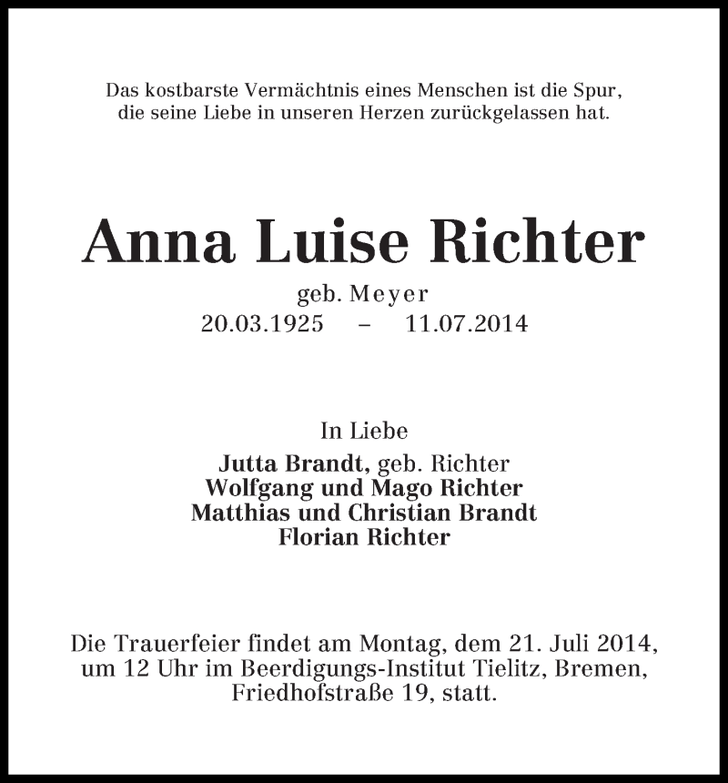 Traueranzeige von Anna Luise Richter von WESER-KURIER