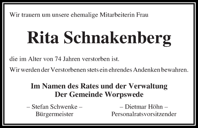 Traueranzeige von Rita Schnakenberg von Wuemme Zeitung