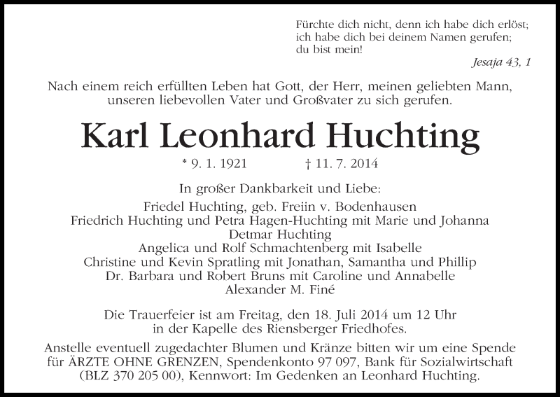 Traueranzeige von Karl Leonhard Huchting von WESER-KURIER