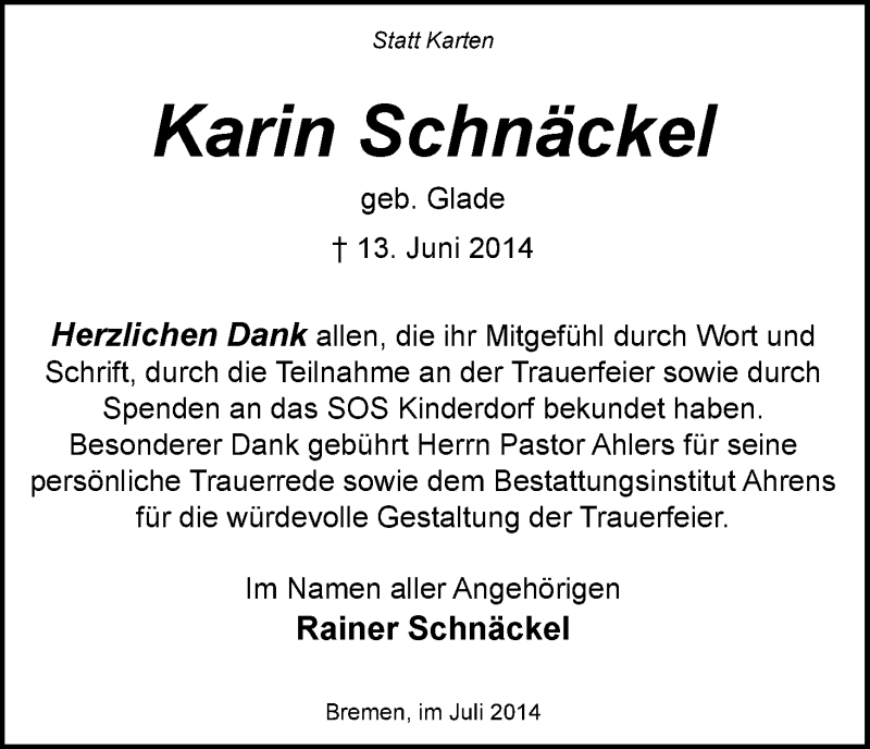 Traueranzeige von Karin Schnäckel von WESER-KURIER