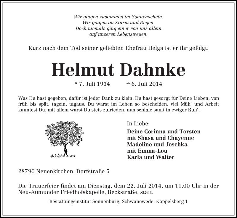 Traueranzeige von Helmut Dahnke von Die Norddeutsche