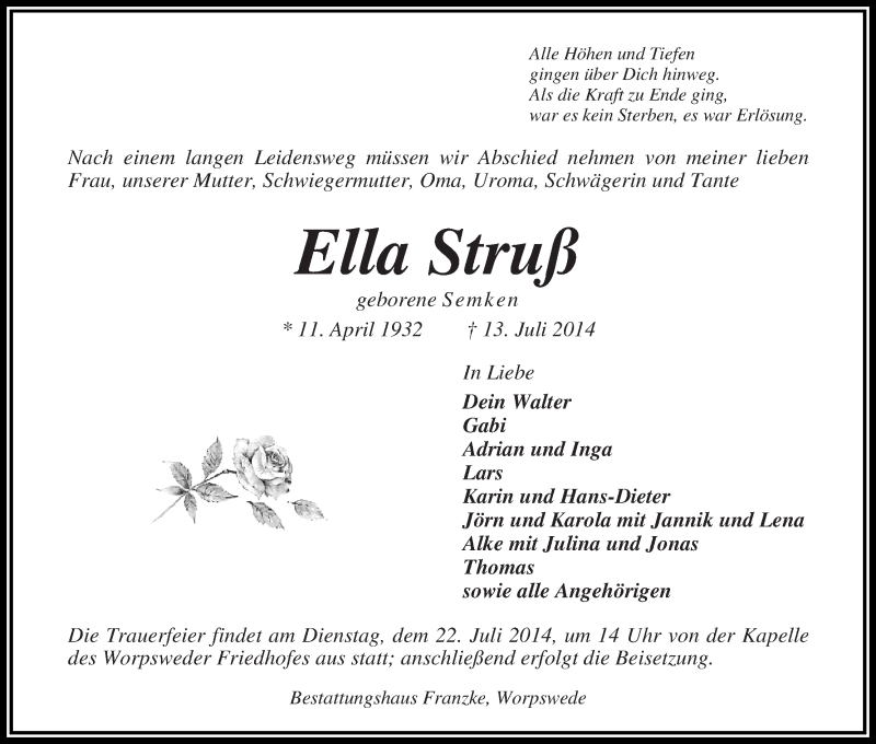 Traueranzeige von Ella Struß von Wuemme Zeitung