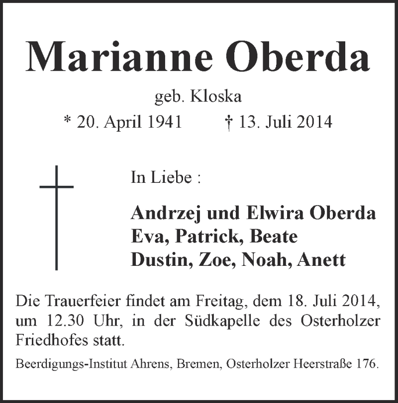 Traueranzeige von Marianne Oberda von WESER-KURIER