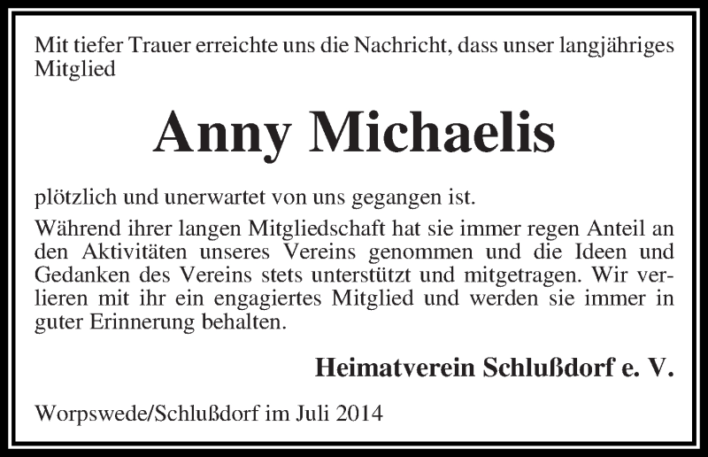 Traueranzeige von Anny Michaelis von Wuemme Zeitung