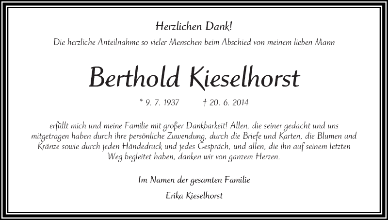 Traueranzeige von Berthold Kieselhorst von WESER-KURIER