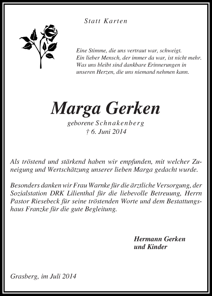 Traueranzeige von Marga Gerken von Wuemme Zeitung