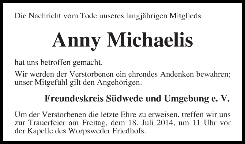 Traueranzeige von Anny Michaelis von Wuemme Zeitung