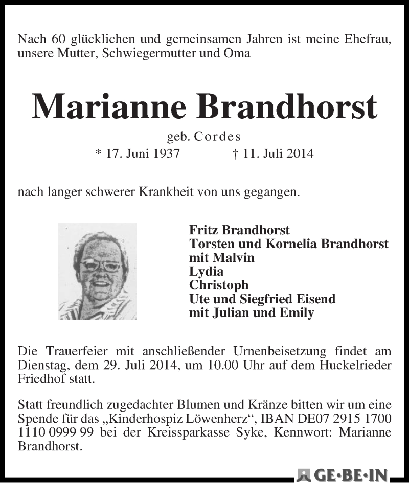 Traueranzeige von Marianne Brandhorst von WESER-KURIER